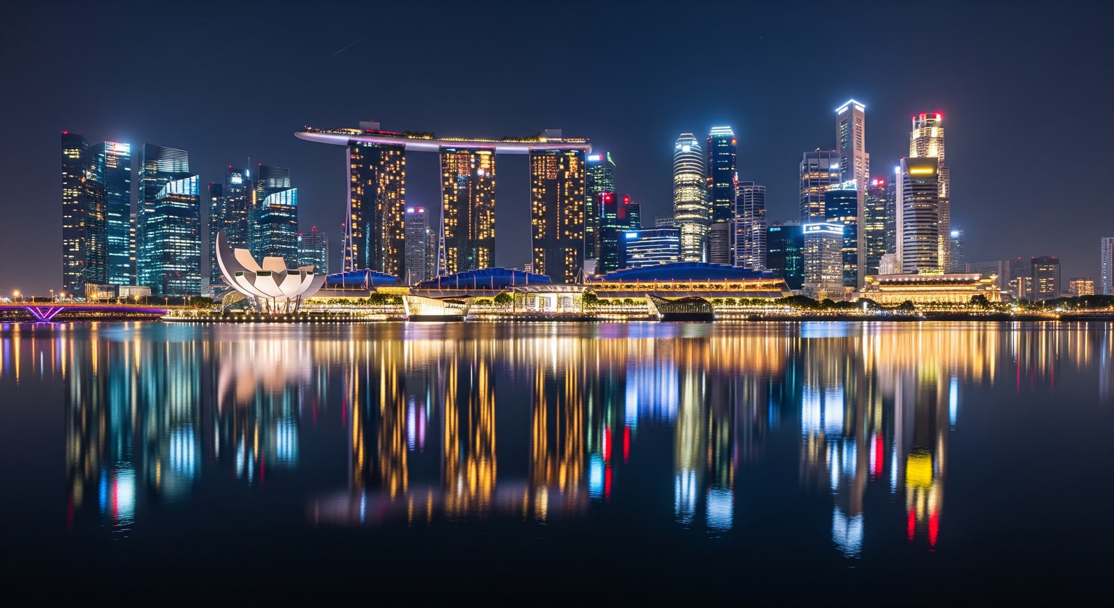 Marina Bay Singapore at night with illuminated city skyline reflection on water