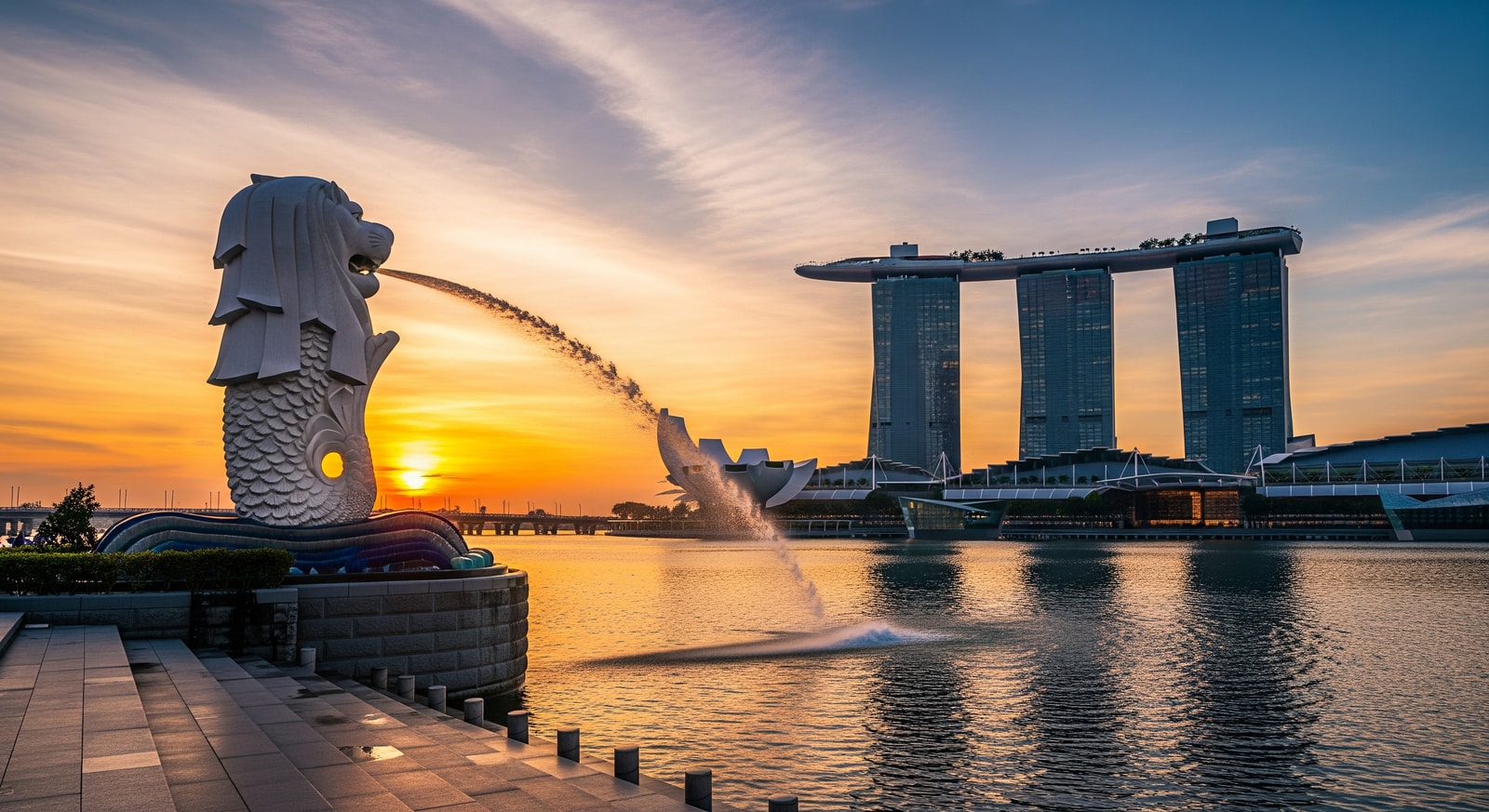 Iconic Merlion statue with Marina Bay Sands in the background at sunset