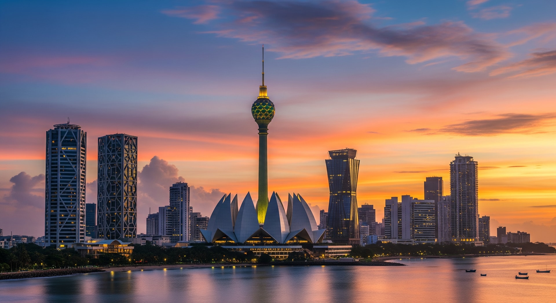 Colombo skyline with modern buildings and Lotus Tower at sunset