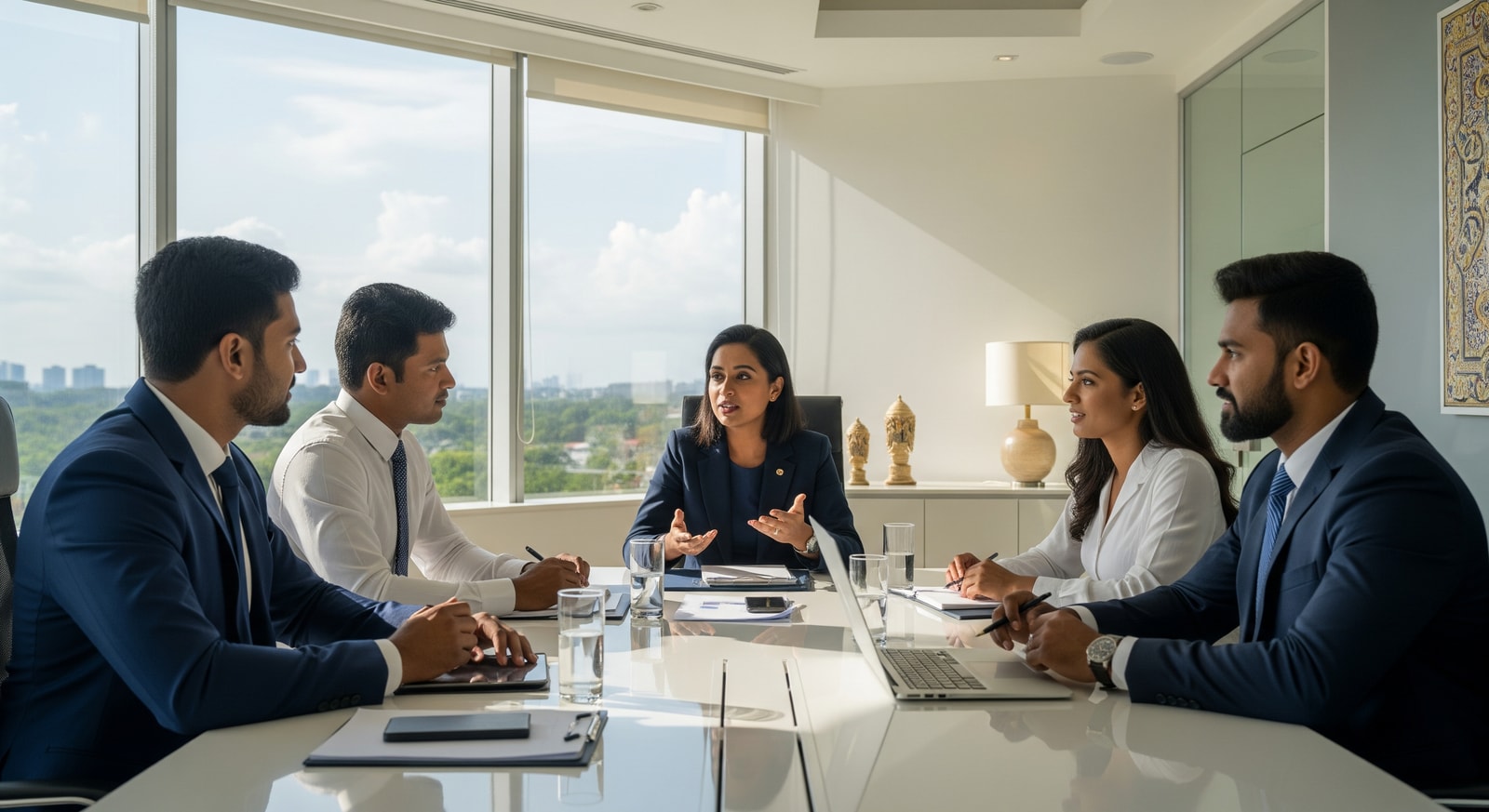 Professional business meeting in modern Sri Lankan office