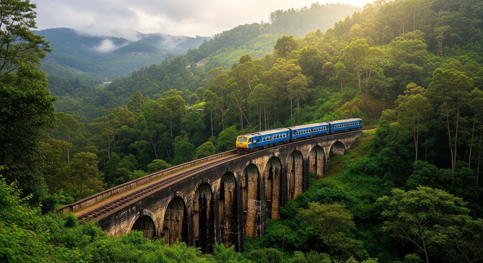 Famous Nine Arch Bridge in Ella Sri Lanka with train crossing