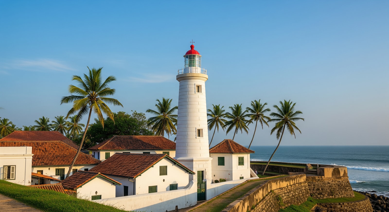 Historic Galle Fort lighthouse and colonial buildings on Sri Lanka coast