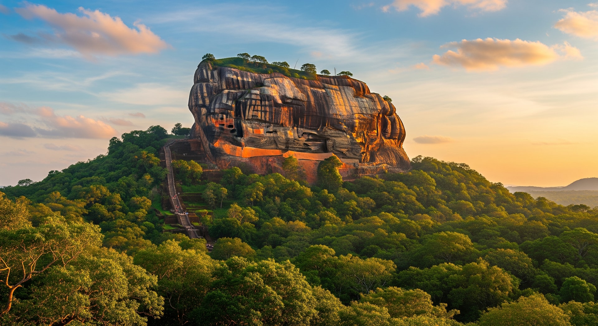 Sigiriya Lion Rock fortress in Sri Lanka against blue sky with clouds