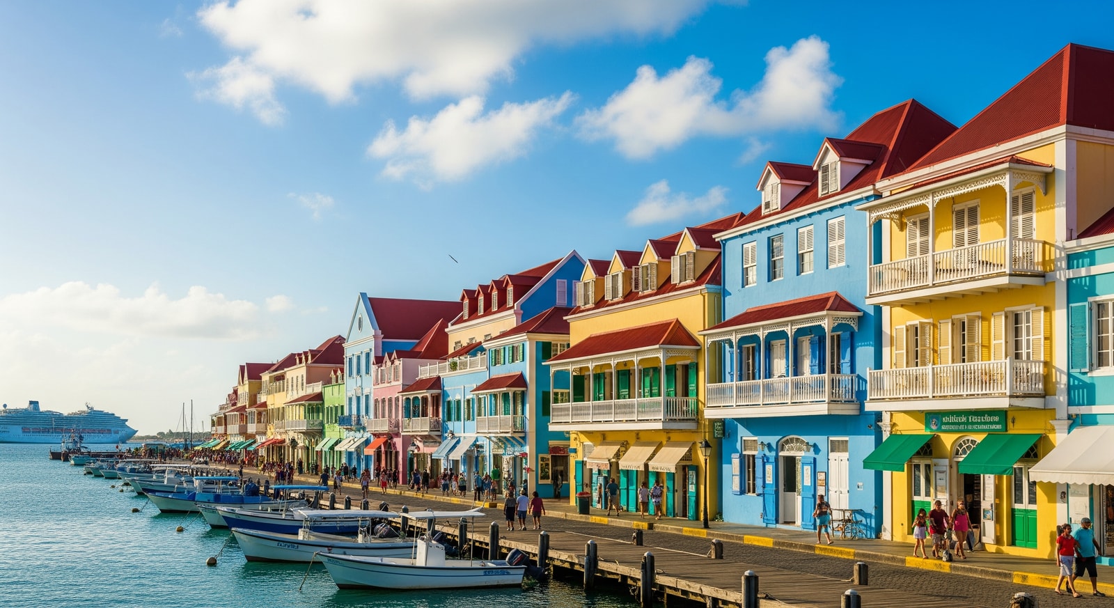 Colorful colonial buildings along the waterfront in Basseterre St Kitts capital