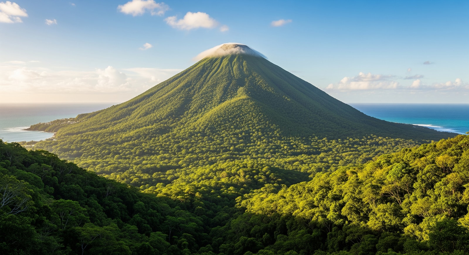 Nevis Peak volcano covered in tropical forest with Caribbean Sea in background