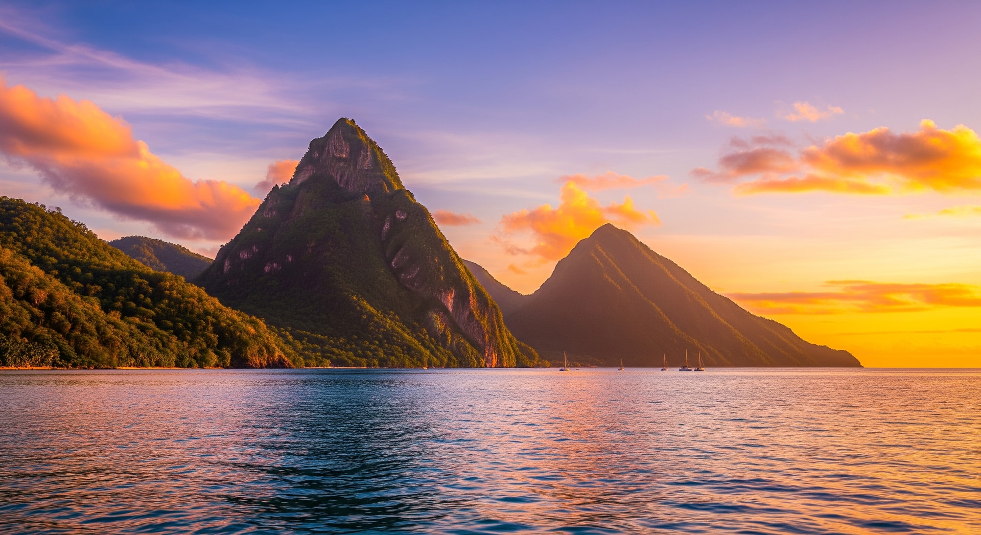 The iconic Pitons mountains rising from the Caribbean Sea in St Lucia at sunset