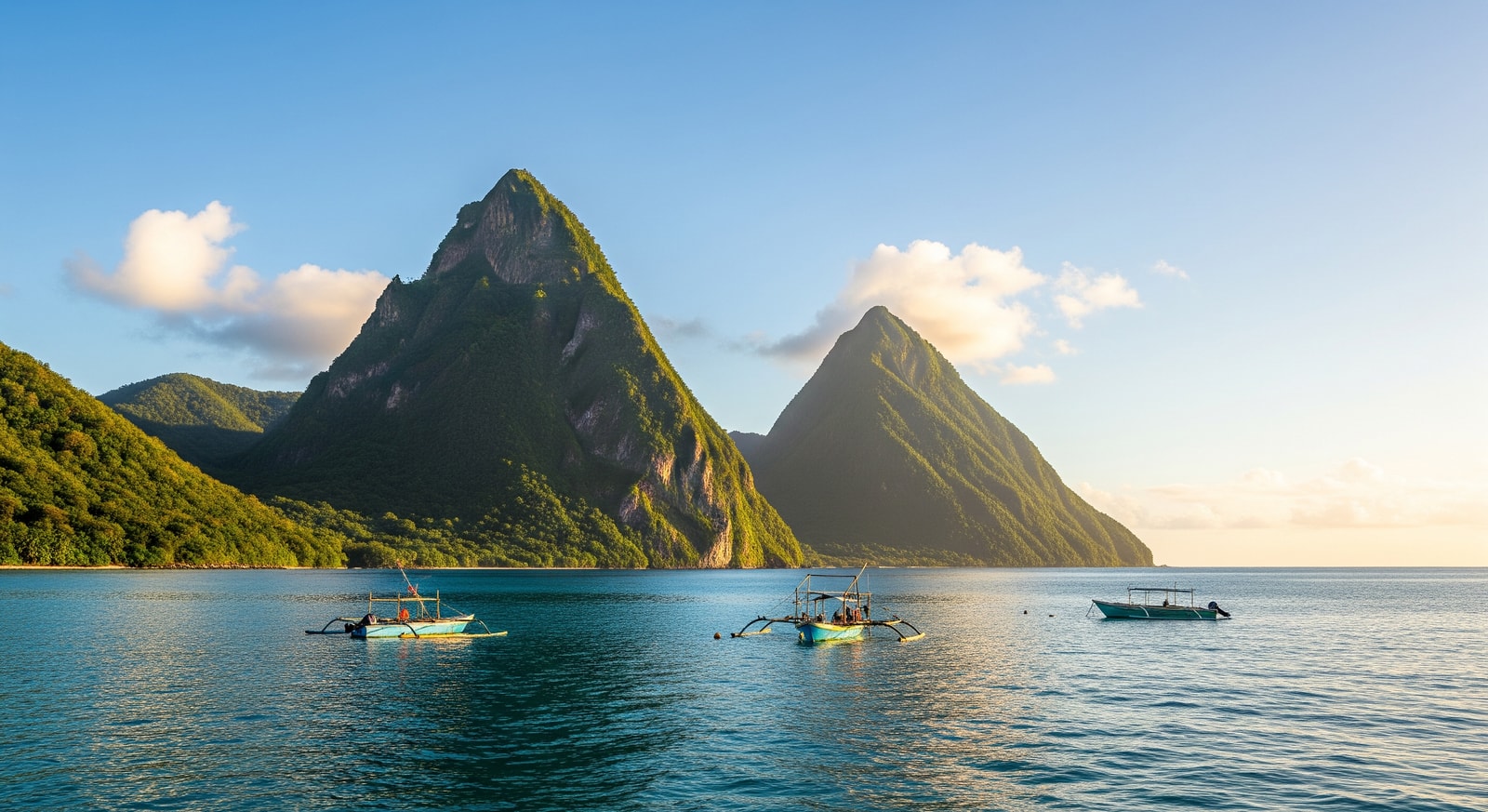 View of both Gros Piton and Petit Piton from the water in St Lucia