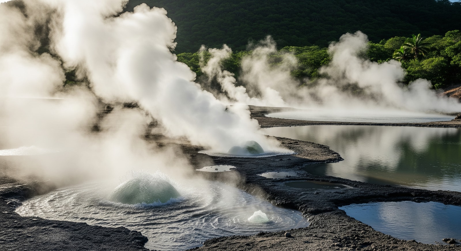 Sulphur Springs volcanic area in St Lucia with bubbling pools and steam