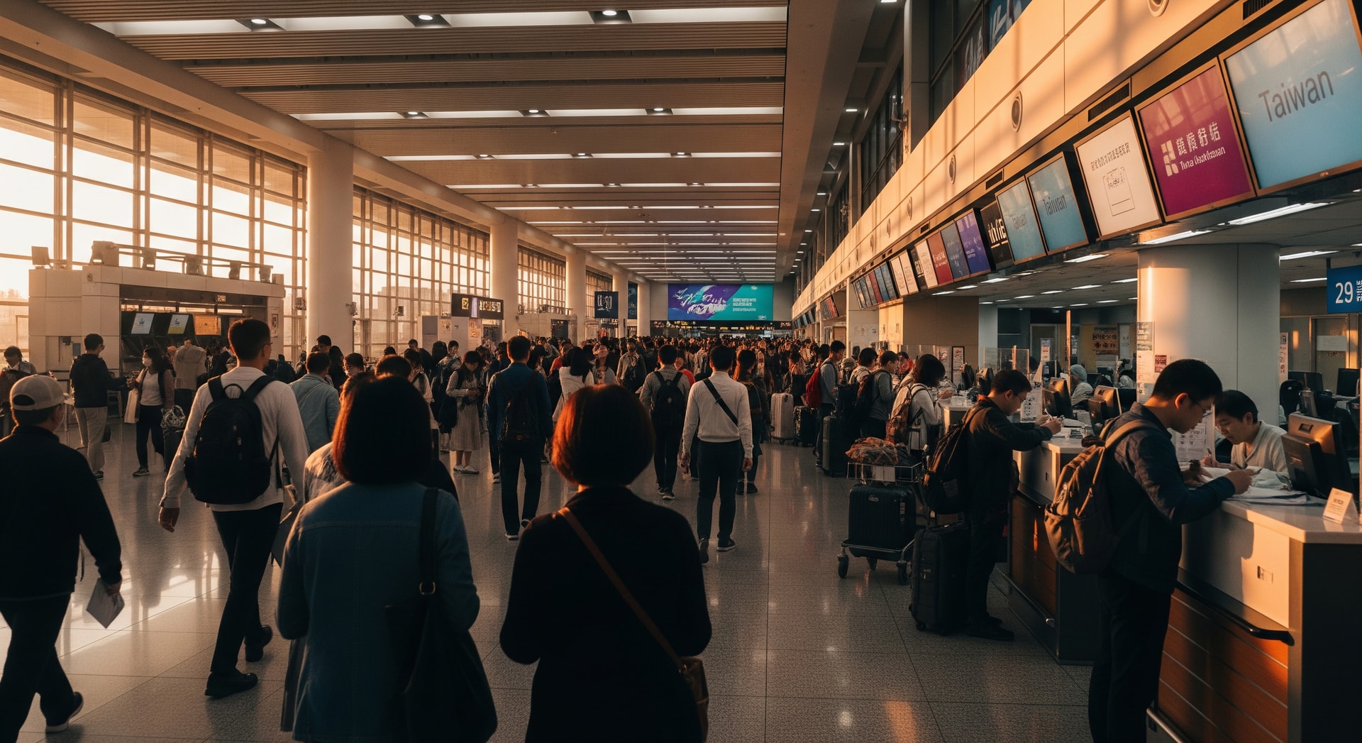 Taiwan Taoyuan International Airport immigration hall with arrival card counters