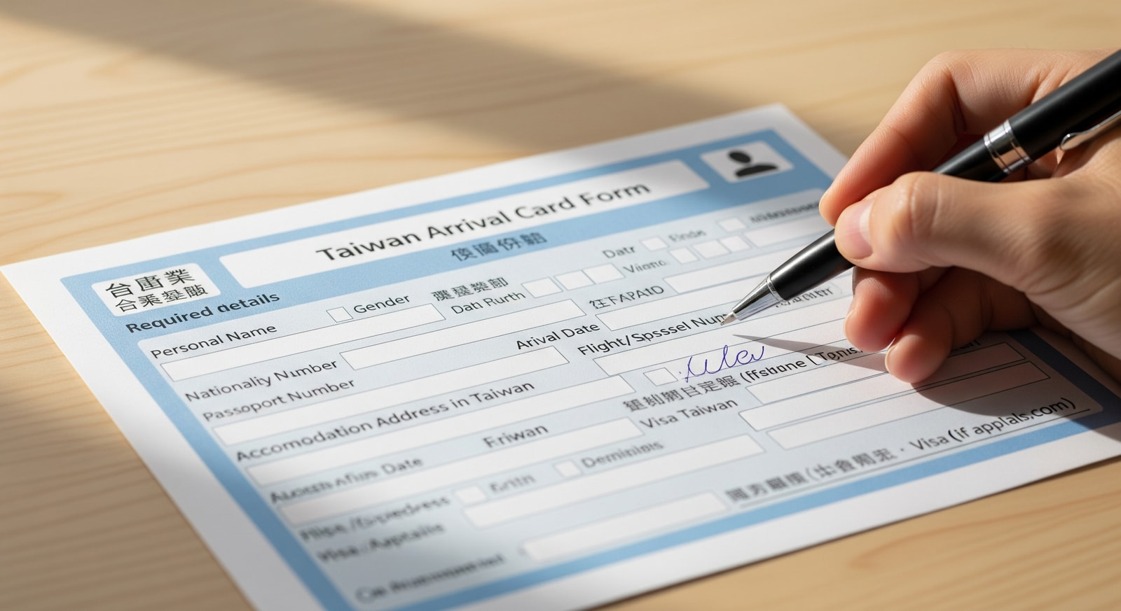 Sample Taiwan arrival card form showing all required fields