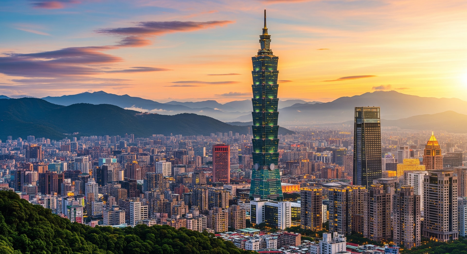 Taipei 101 tower rising above the city skyline with mountains in the background
