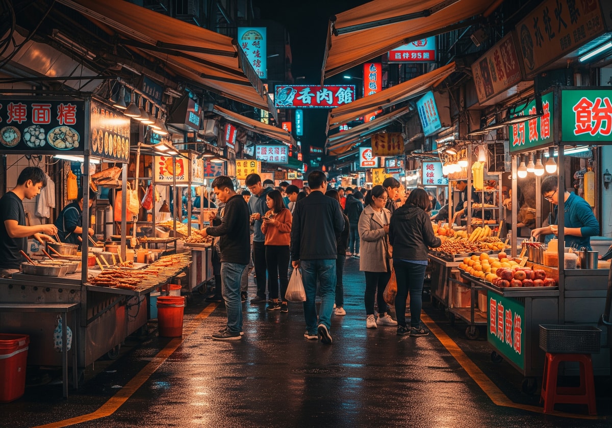 Bustling Shilin Night Market in Taipei with food stalls and crowds