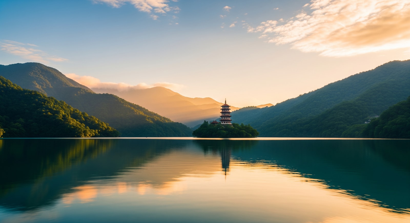 Serene Sun Moon Lake surrounded by green mountains with traditional pagoda