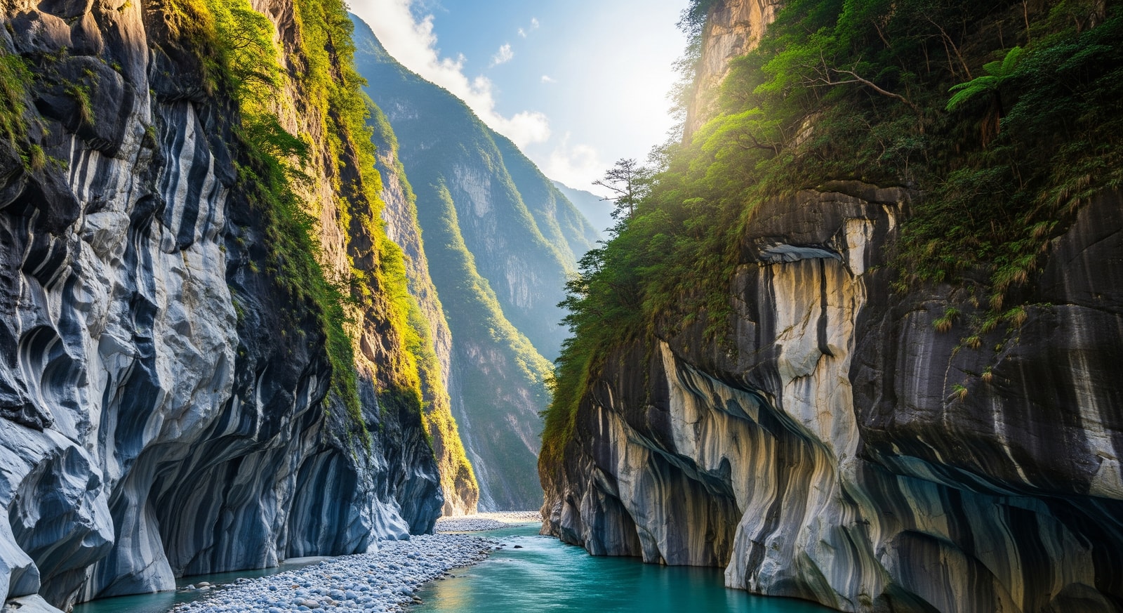 Dramatic marble cliffs and turquoise river in Taroko Gorge National Park Taiwan