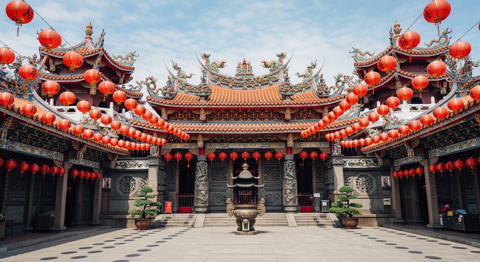 Ornate Longshan Temple in Taipei with traditional Chinese architecture and red lanterns