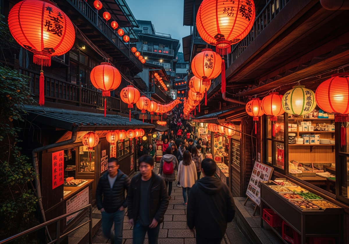 Traditional red lanterns hanging in Jiufen old street