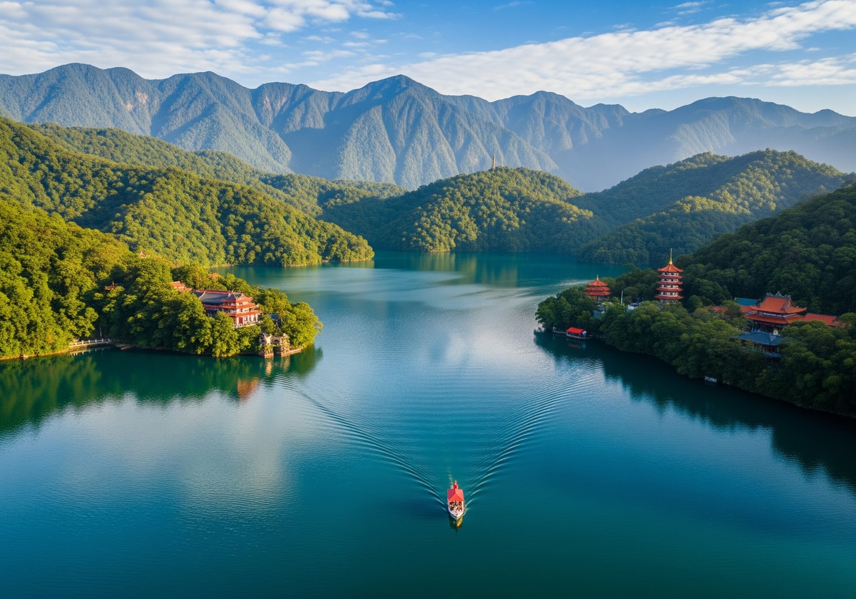 Sun Moon Lake surrounded by lush green mountains