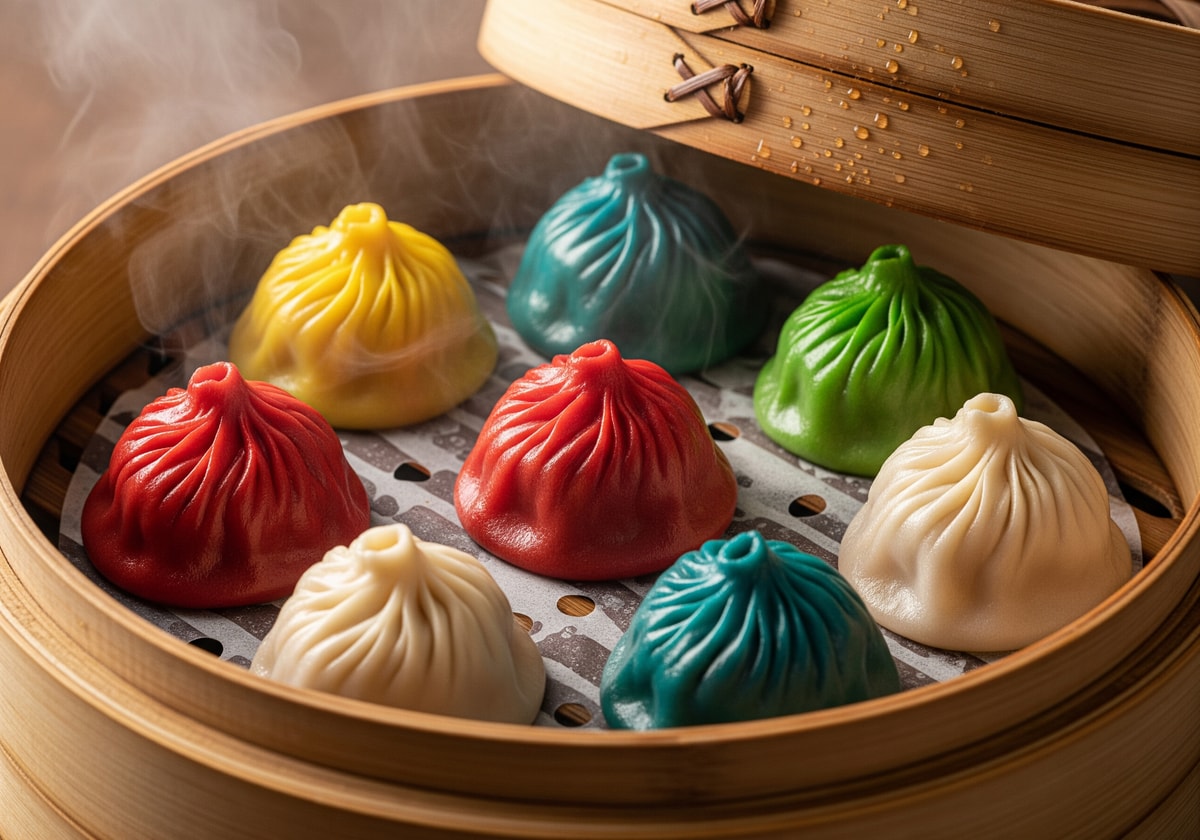Colorful xiaolongbao soup dumplings in bamboo steamer