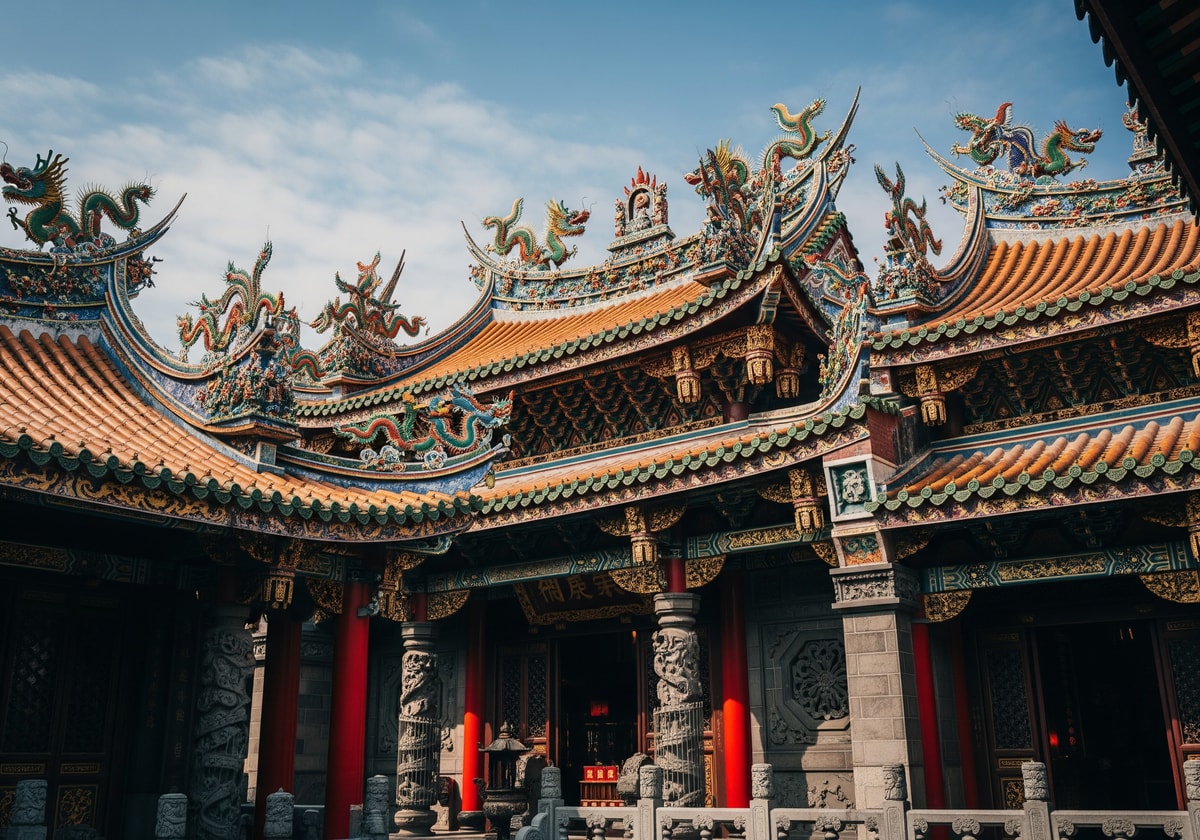 Traditional Longshan Temple with ornate roof decorations