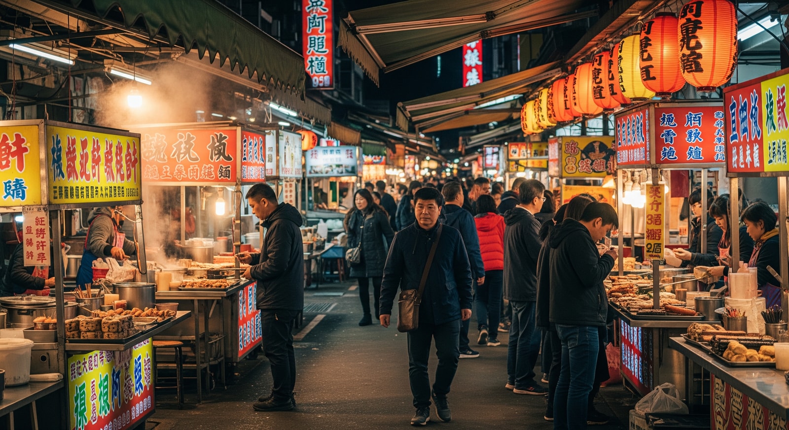 Busy Taiwan night market with food stalls and colorful signs