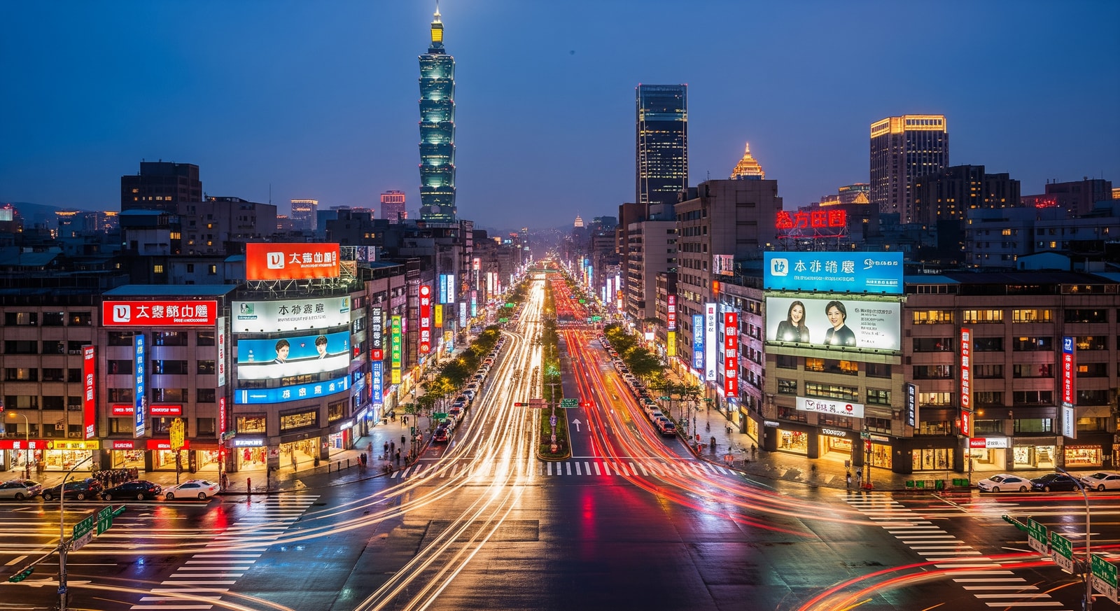 Taipei cityscape at night with neon lights and busy streets