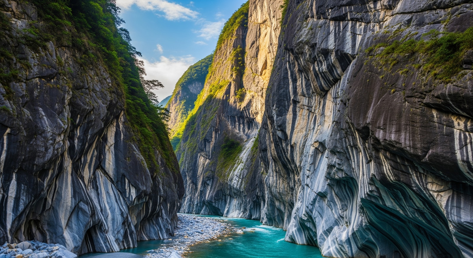 Dramatic marble cliffs of Taroko Gorge with turquoise river below