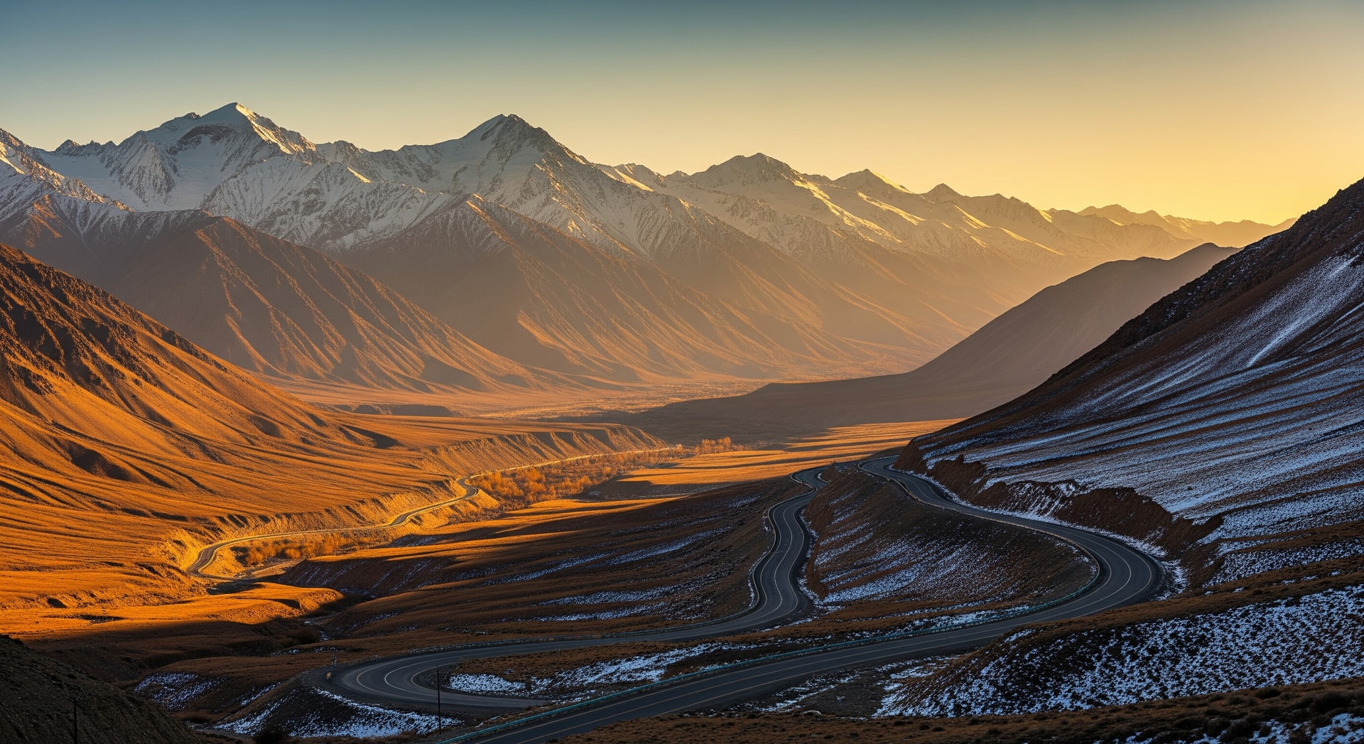 Panoramic view of the Pamir Mountains with winding highway through dramatic valley