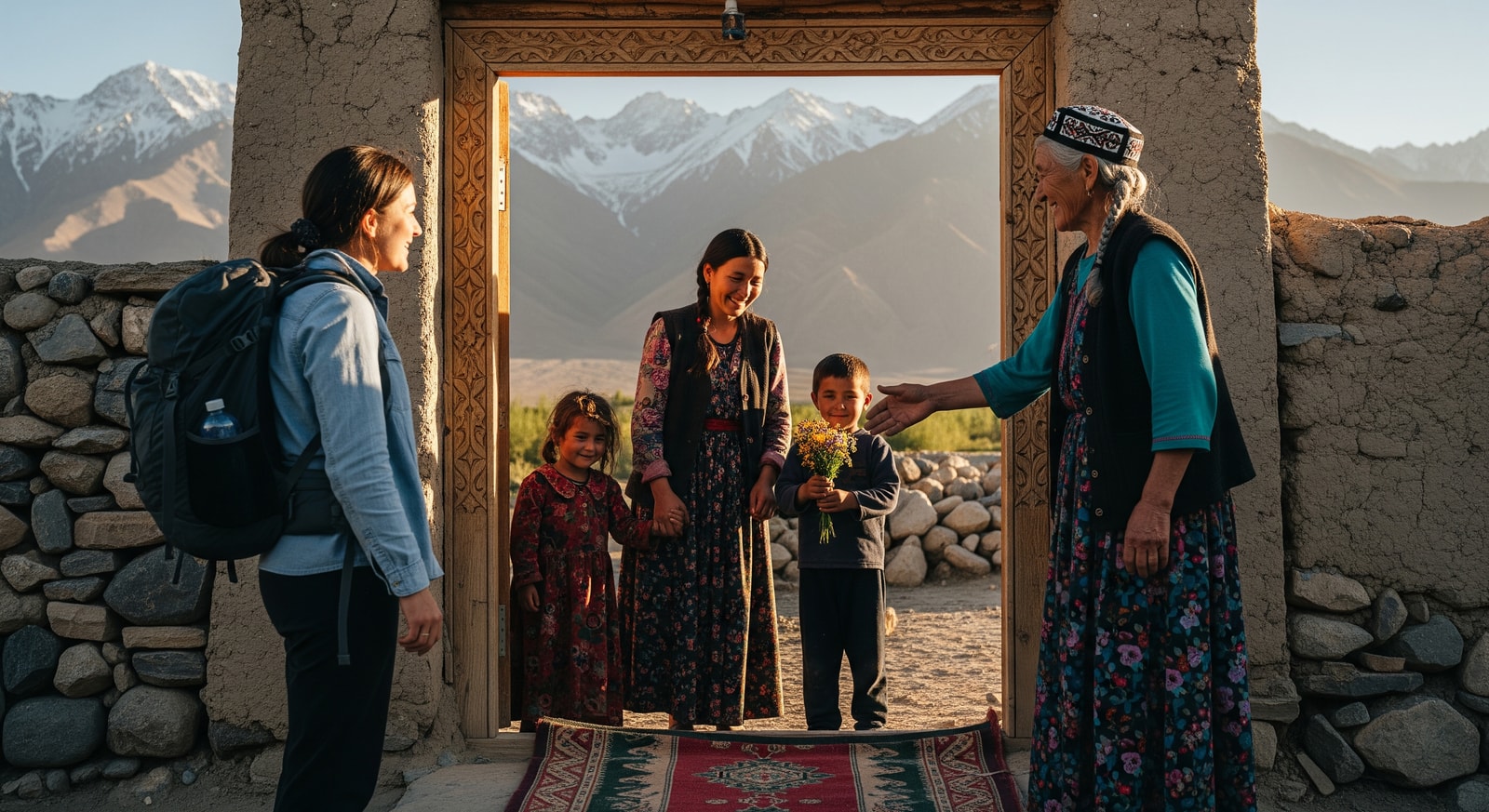 Pamiri family welcoming guests at traditional homestay with mountain backdrop