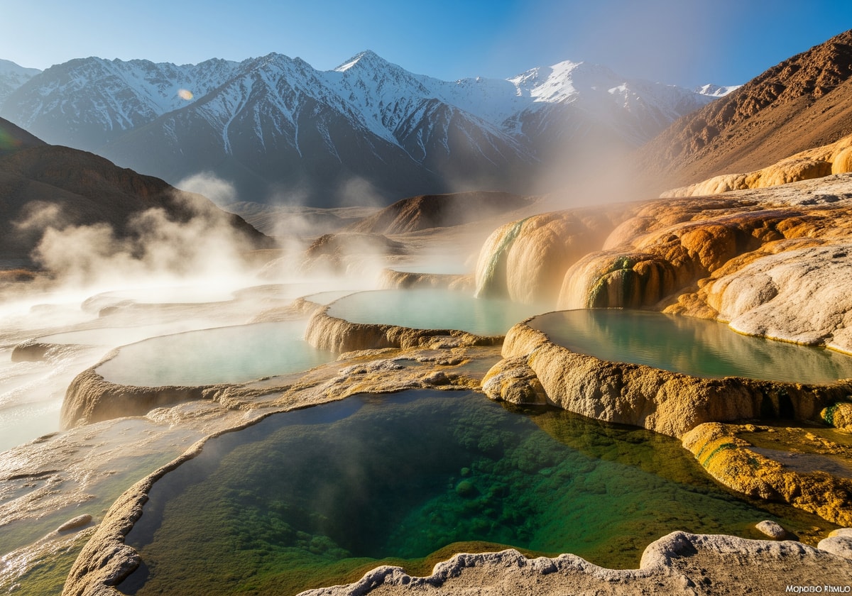 Natural hot springs in the Pamir Mountains with steam rising