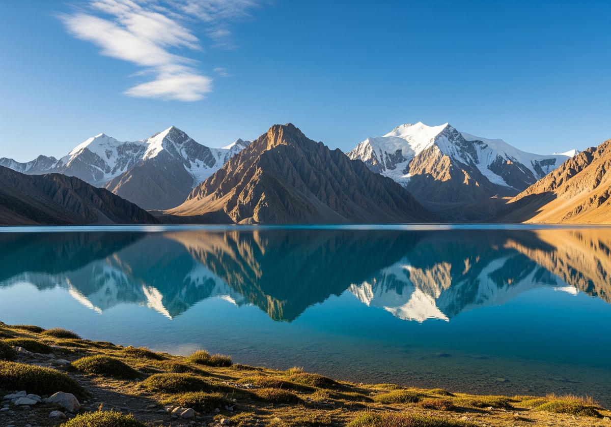 Karakul Lake at 3914 meters with mountains reflected in still water