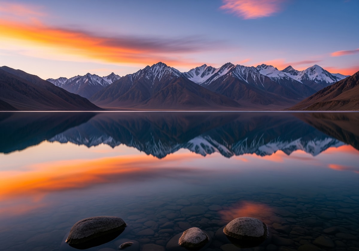 Karakul Lake at sunrise with mountain reflections in still water