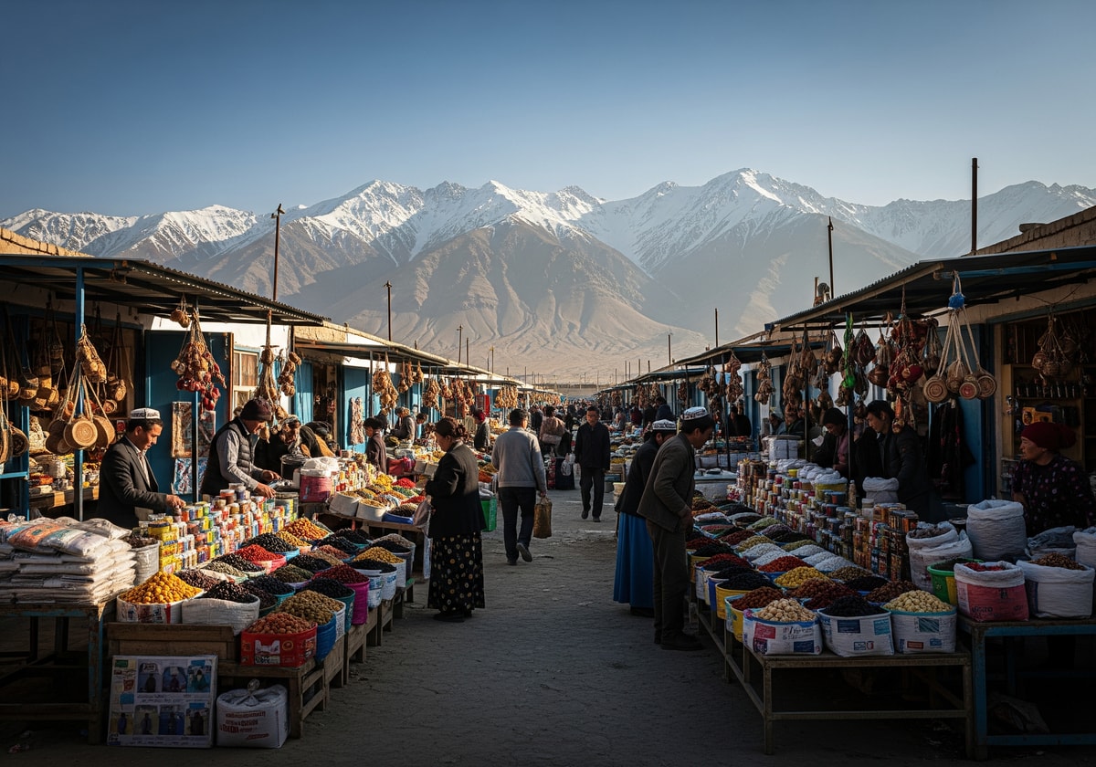 Murghab bazaar with local traders and mountain backdrop