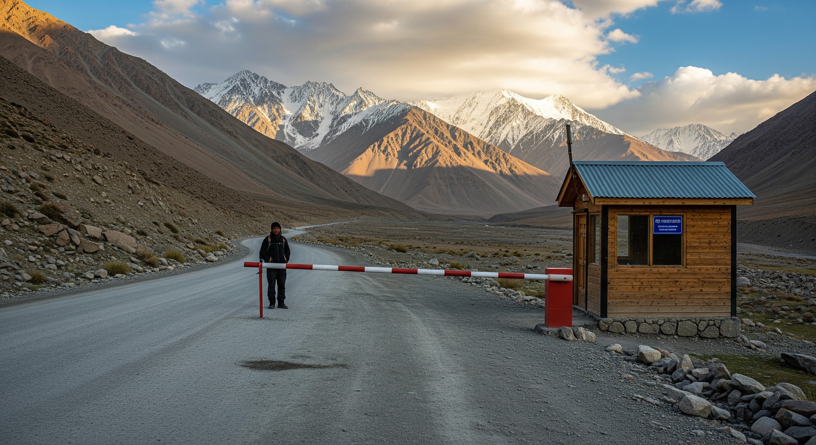 Mountain checkpoint on the Pamir Highway with dramatic peaks in background