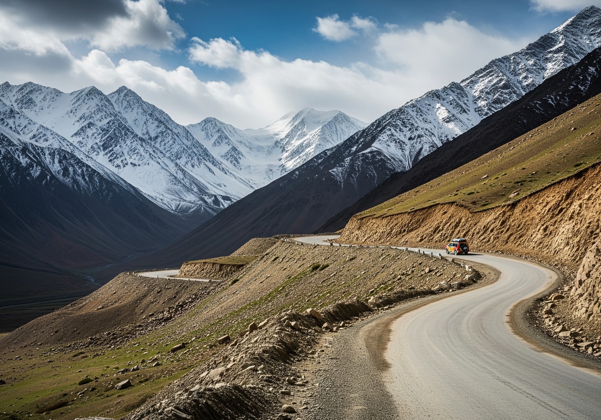 Pamir Highway climbing toward Ak-Baital Pass with snow-capped peaks