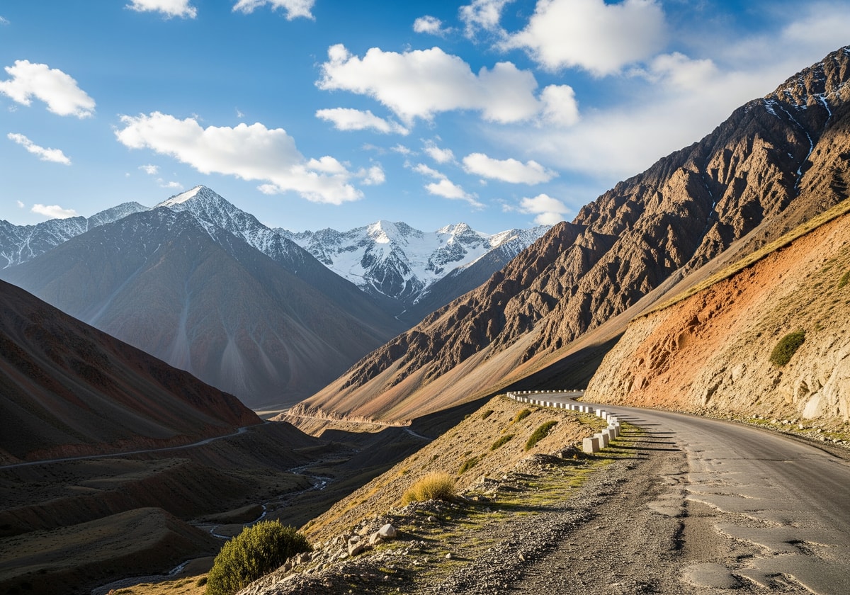 Winding Pamir Highway road through dramatic mountain landscape