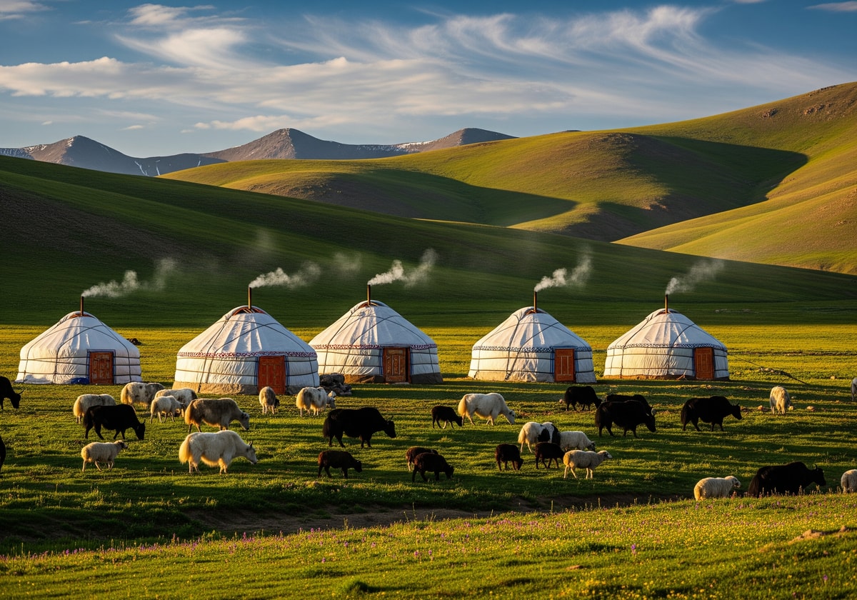 Traditional yurt camp on the Pamir plateau with grazing animals