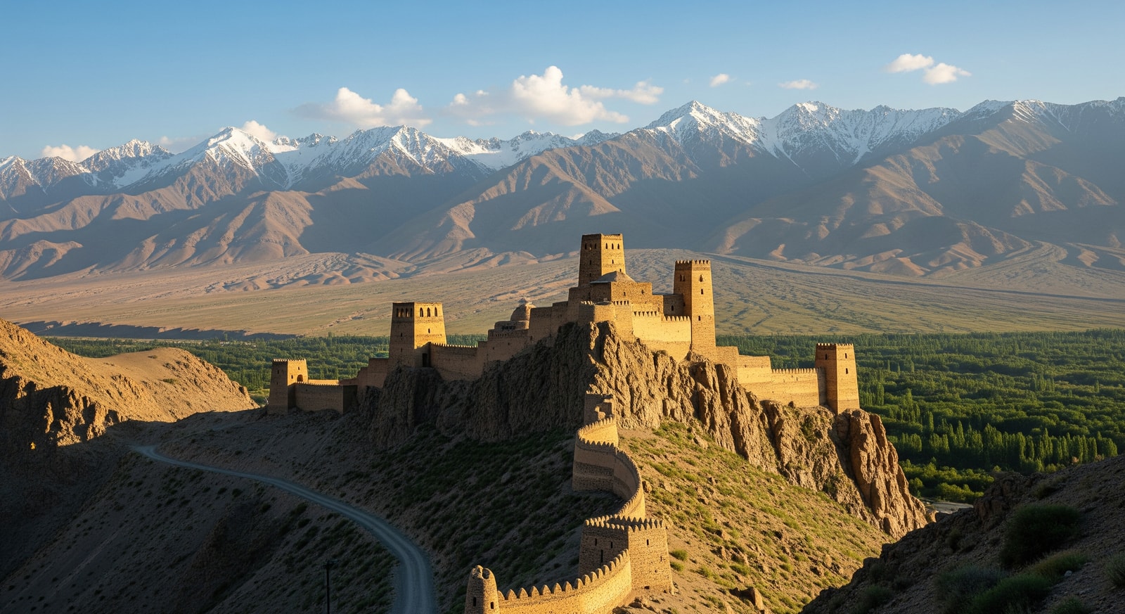 Ancient Yamchun Fortress overlooking Wakhan Valley with Afghanistan mountains beyond