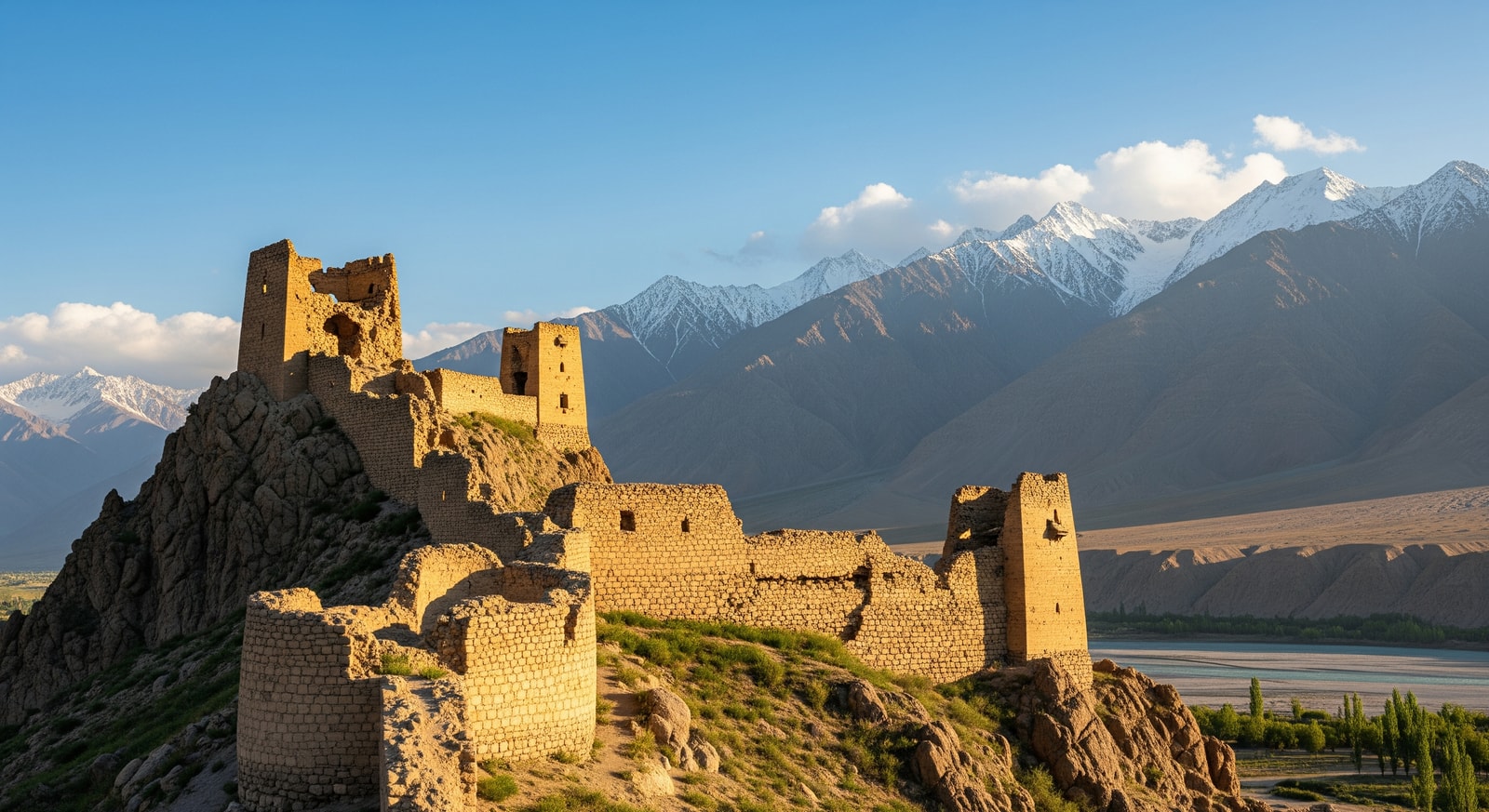 Ancient Yamchun Fortress ruins in the Wakhan Valley with mountains behind