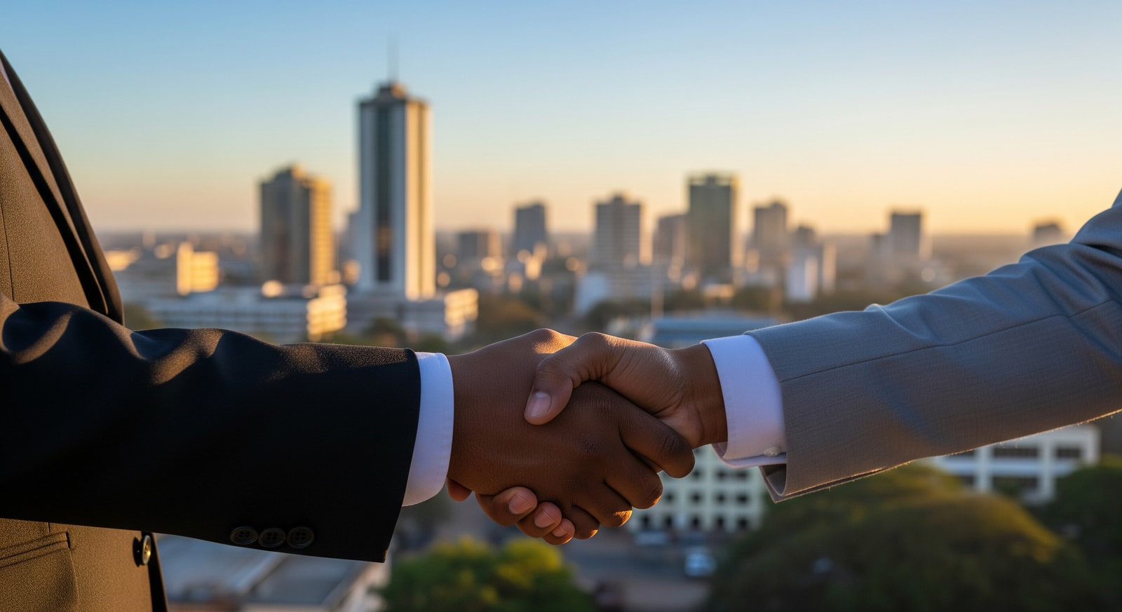 Business handshake with Dar es Salaam skyline in background