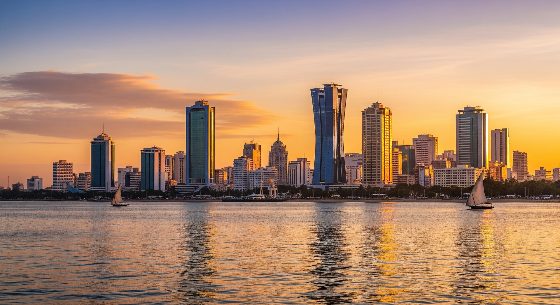 Dar es Salaam modern business district skyline with skyscrapers along the Indian Ocean waterfront