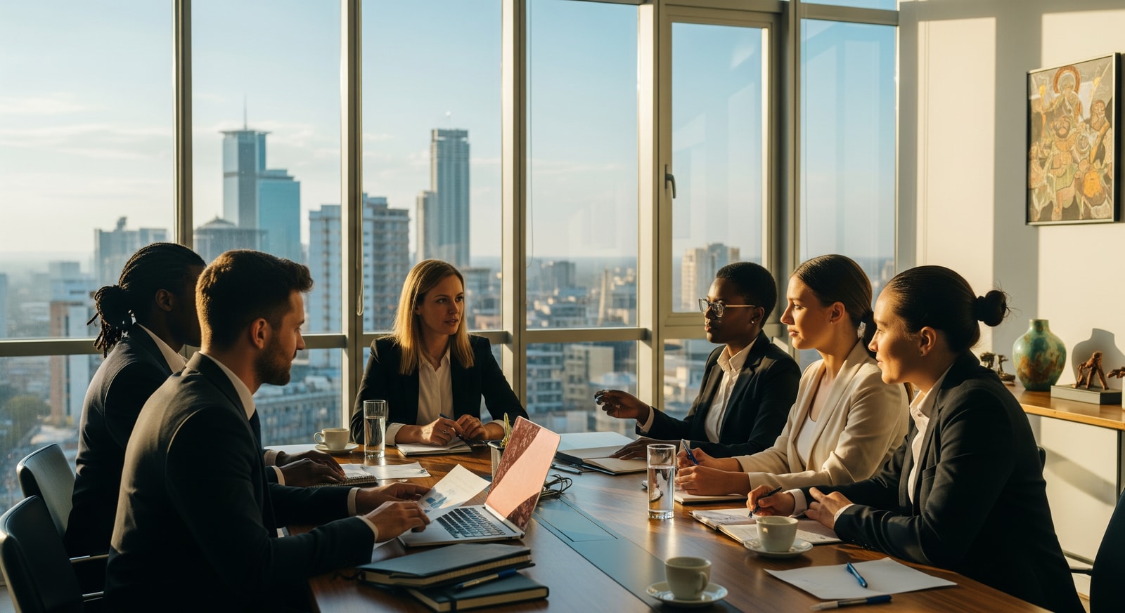 Business meeting in modern Tanzanian office with city views