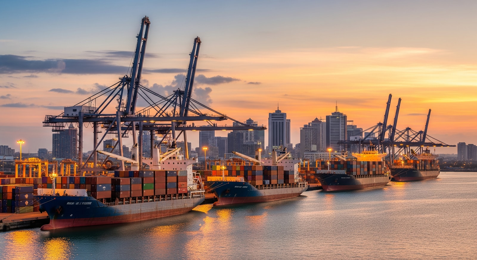 Container port of Dar es Salaam with cargo ships and cranes against city backdrop
