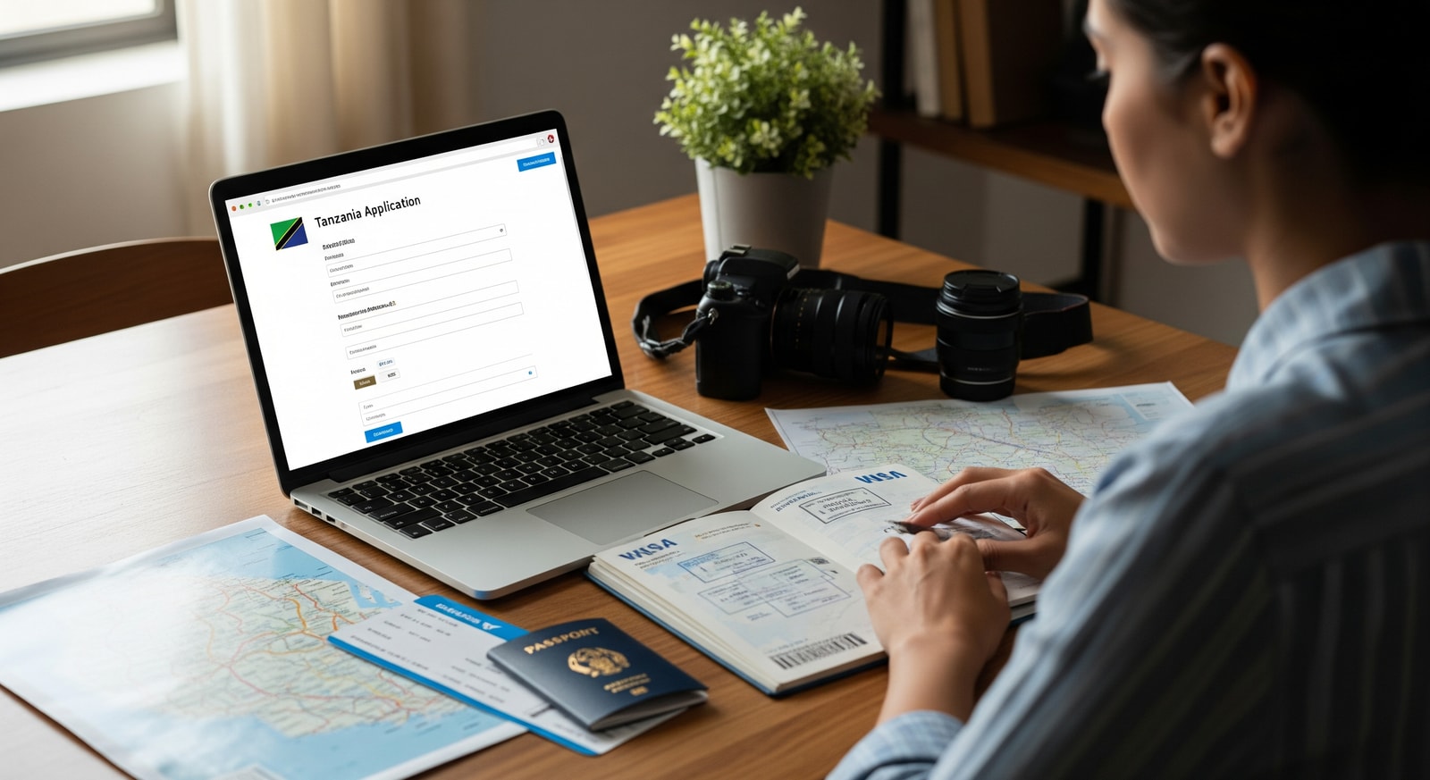 Traveler completing Tanzania e-Visa application on laptop with travel documents nearby