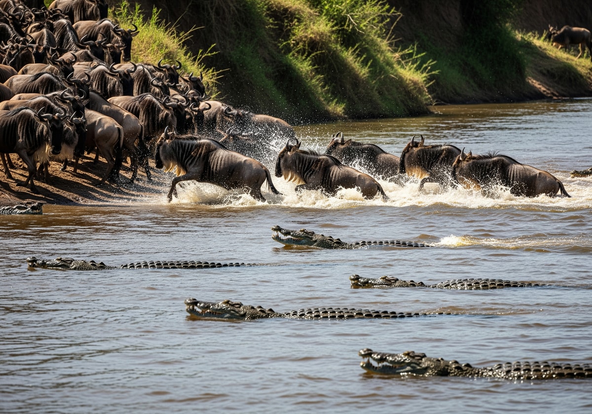 Wildebeest crossing the Mara River with crocodiles waiting below