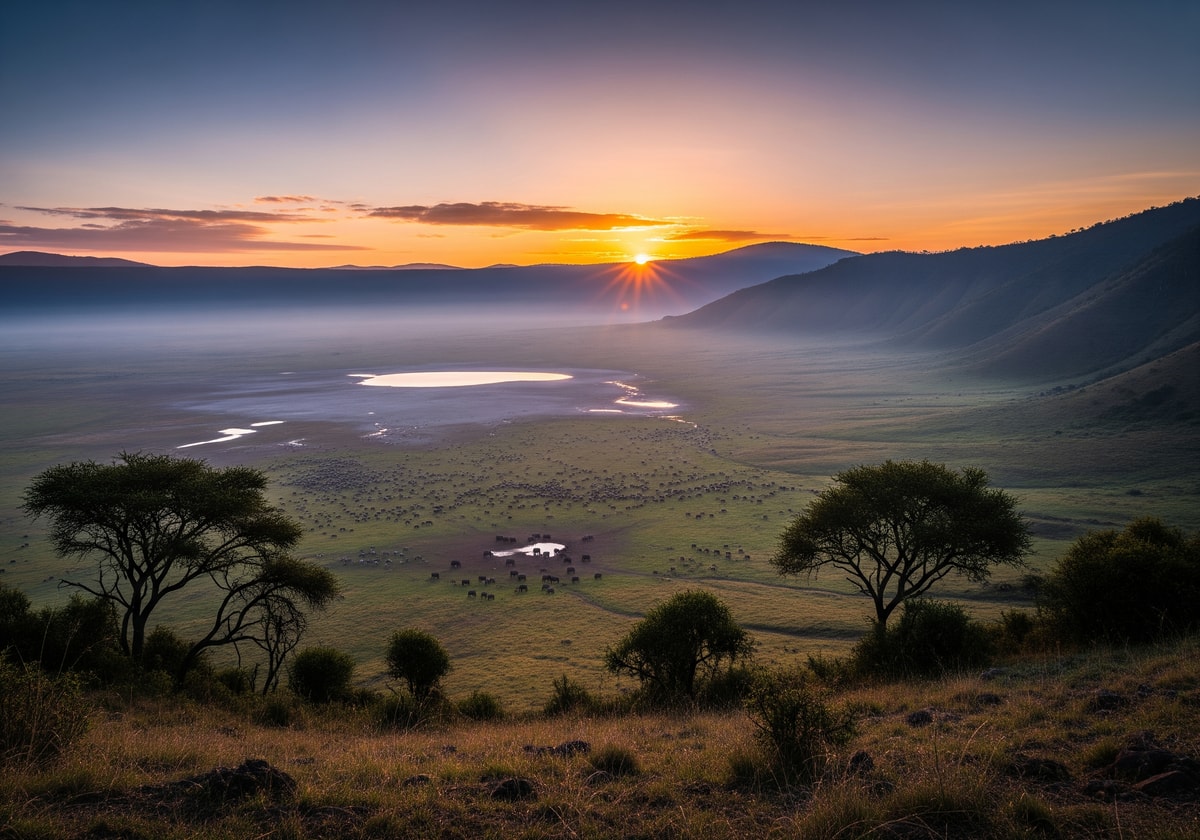 Panoramic view of Ngorongoro Crater from the rim at sunrise