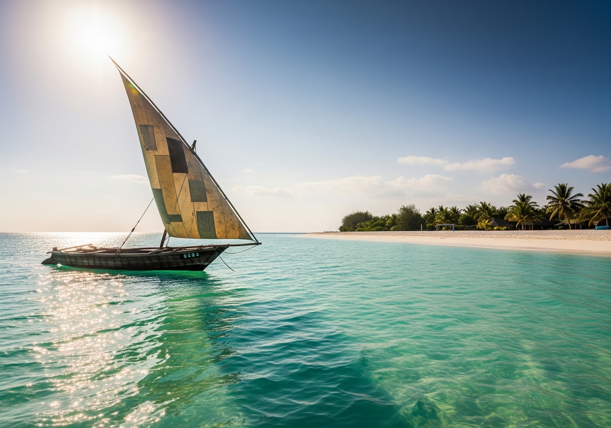Traditional dhow sailing boat on turquoise waters near Zanzibar beach