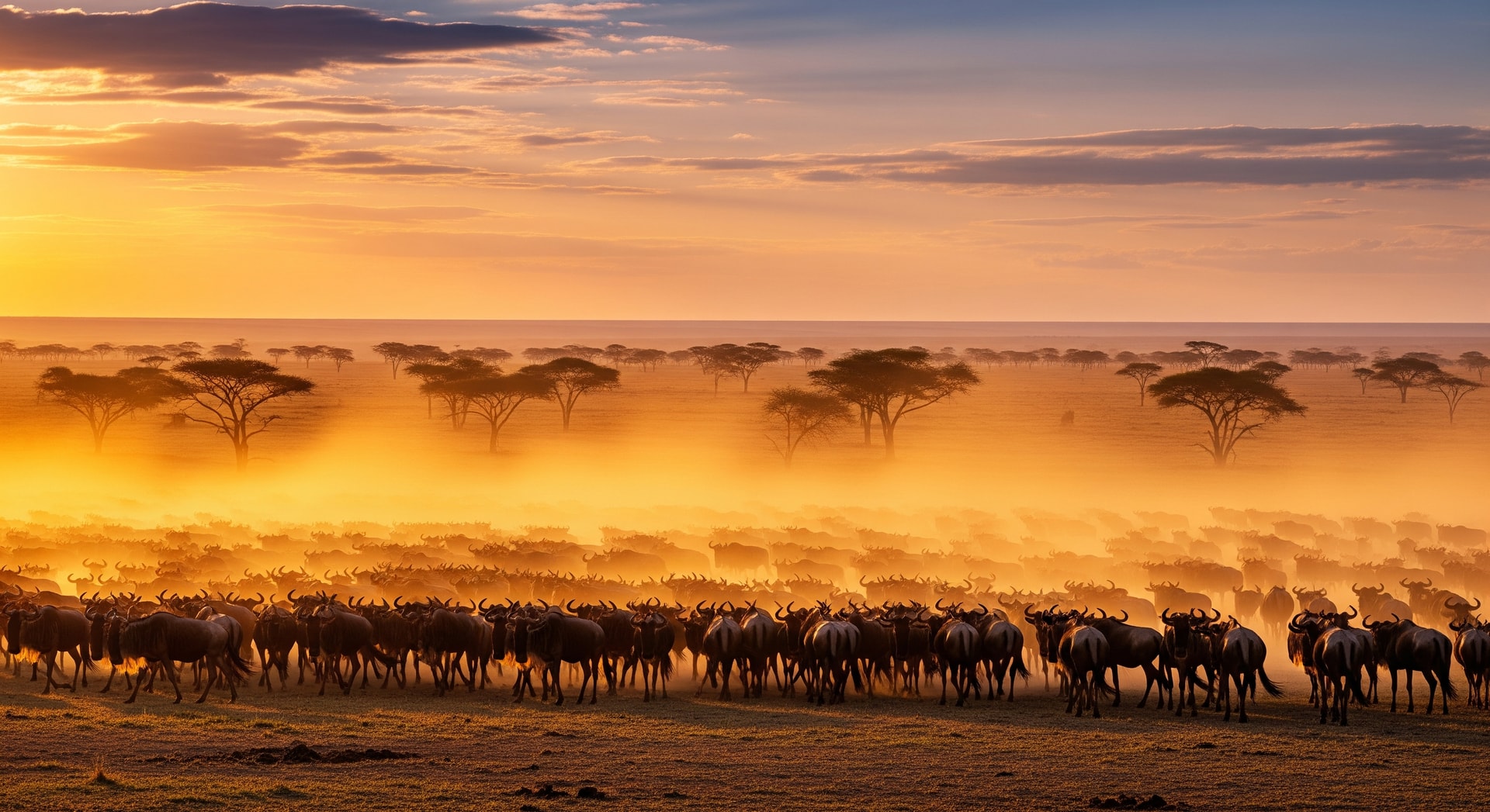 Vast herds of wildebeest migrating across the Serengeti plains with acacia trees in the distance