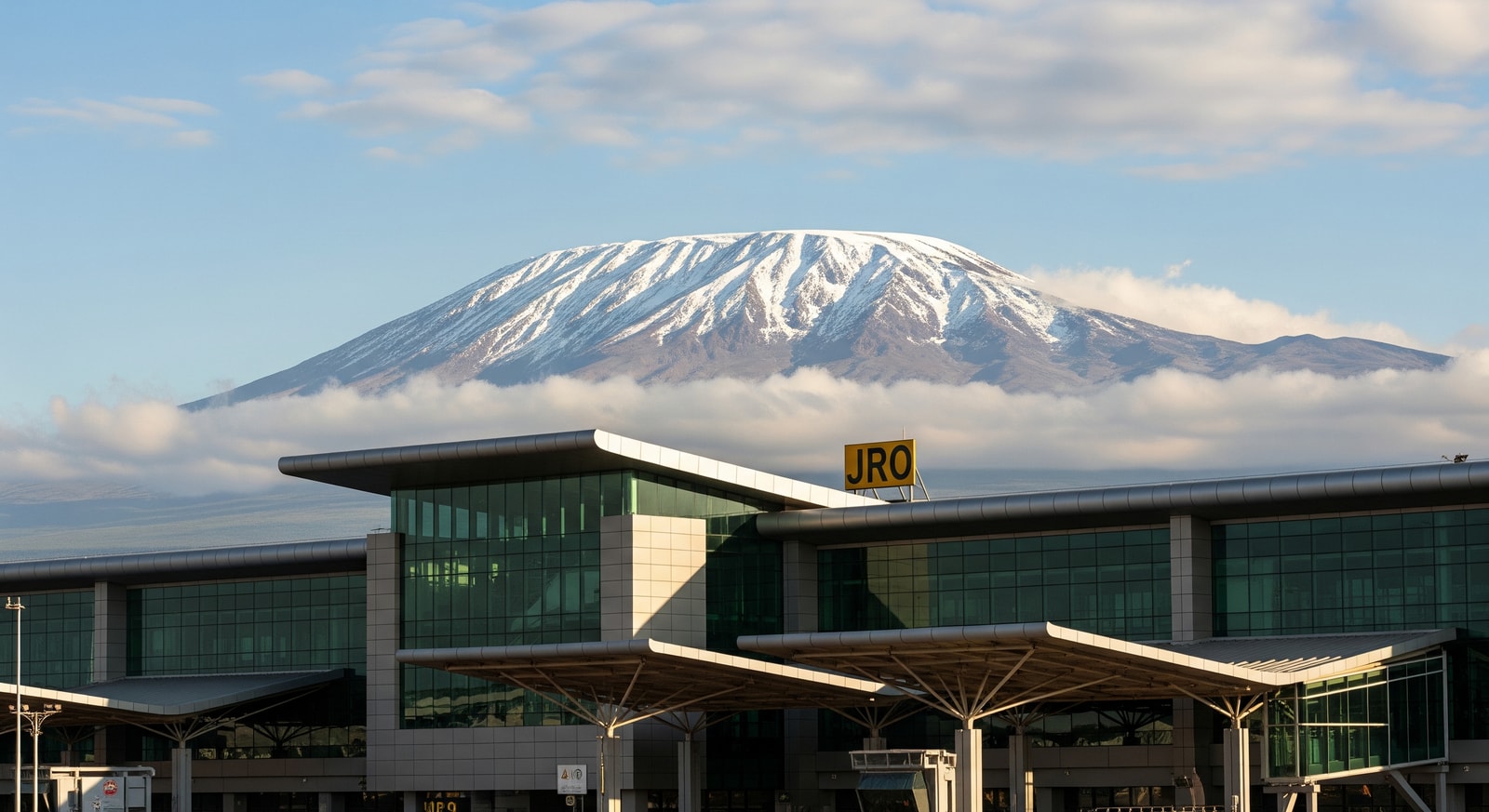Kilimanjaro International Airport terminal with Mount Kilimanjaro visible in the background