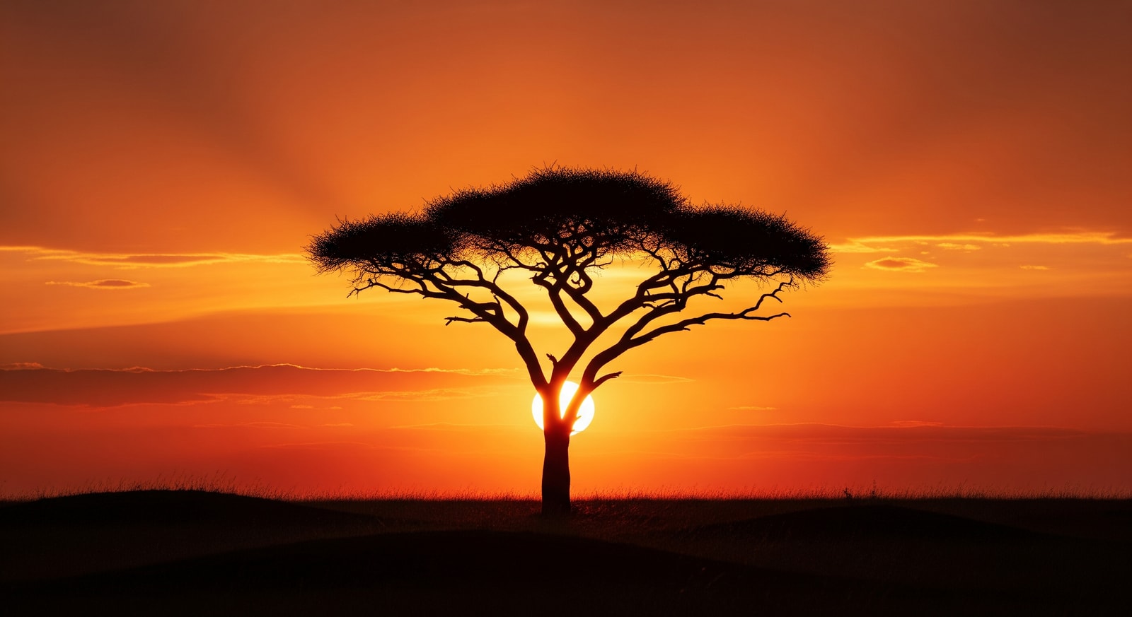 Silhouette of acacia tree against dramatic orange sunset in the Serengeti
