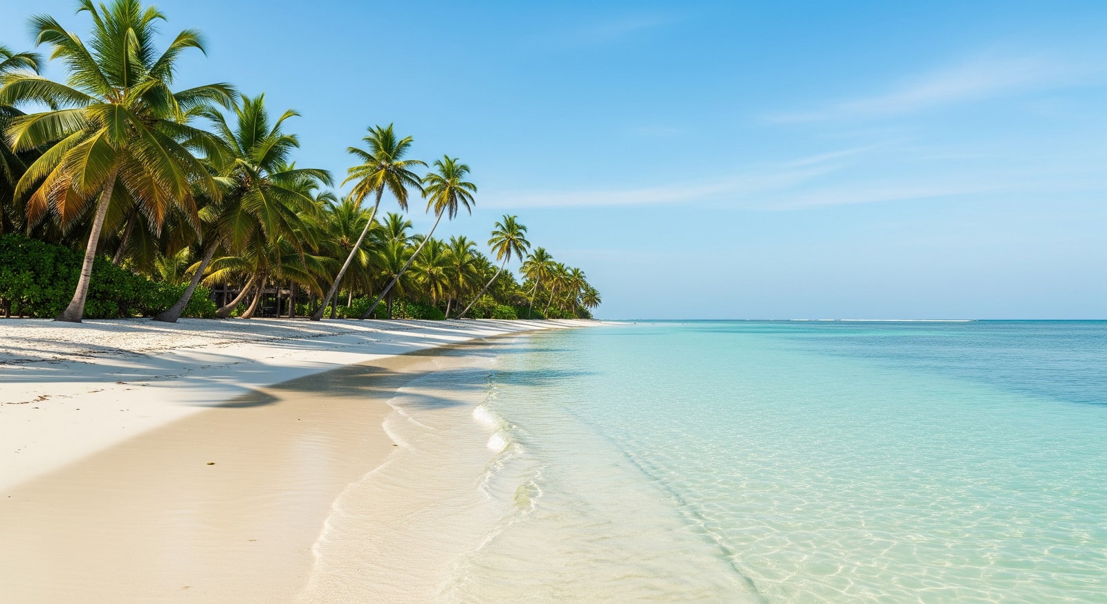 Pristine white sand beach with palm trees and turquoise water in Zanzibar